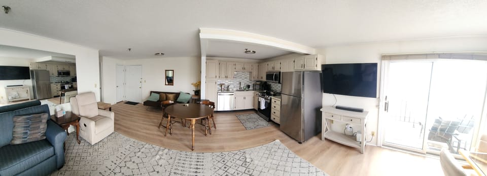 Open concept living room and kitchen with views!