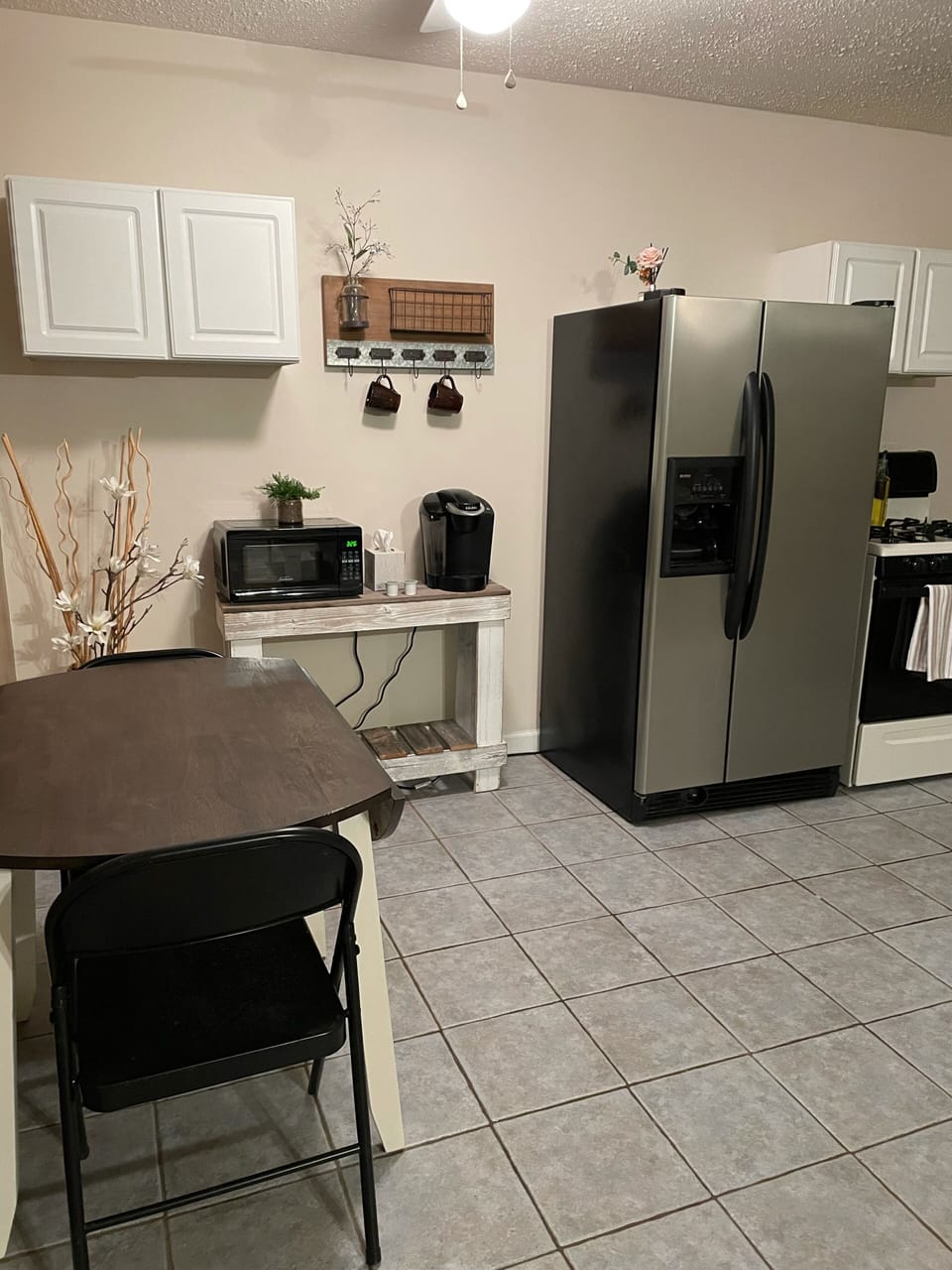 Keurig, microwave, small dining set for four.