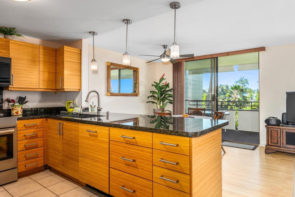 Open kitchen view to dining area 
