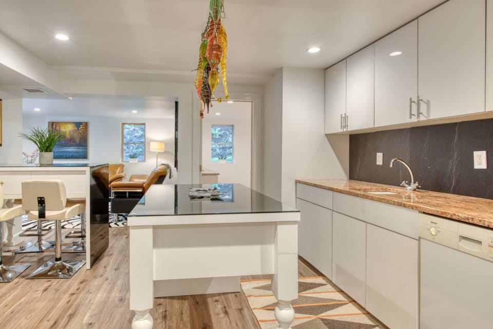 Kitchenette with hot place, microwave, dishwasher & refrigerator on lower level