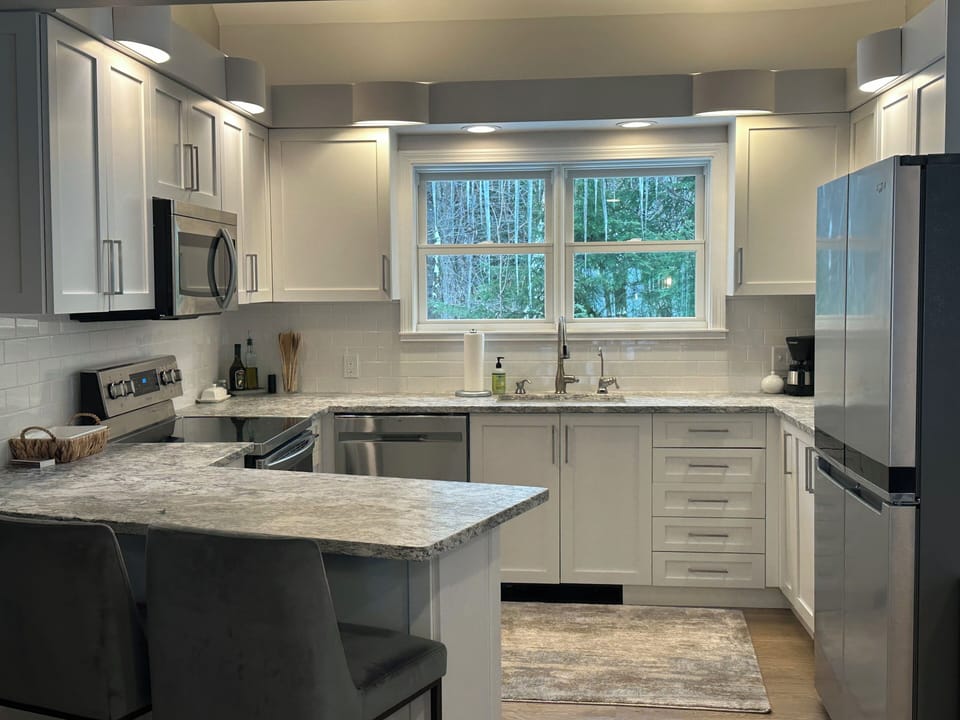Kitchen with windows facing rear woods