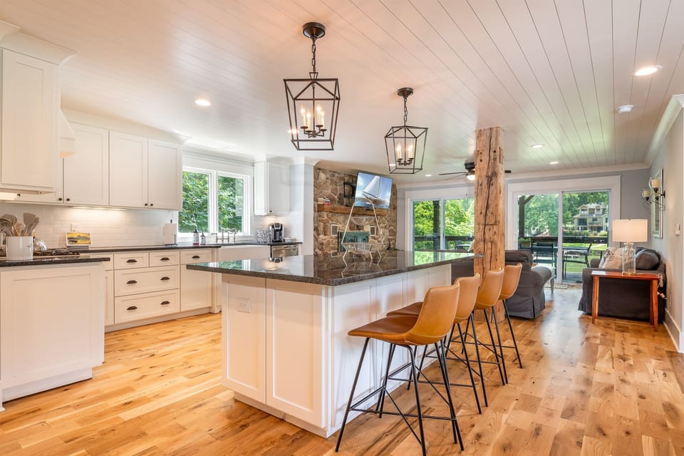Fully stocked kitchen with large prep island
