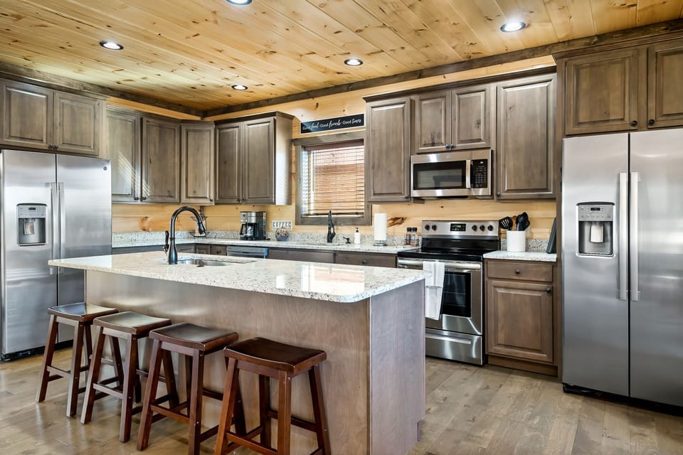 Well stocked kitchen with everything you need for large groups.  Including 2 refrigerators, 2 dishwashers, instapot, crockpots, stainless steel and non-stick cookware, all the utensils needed for home.