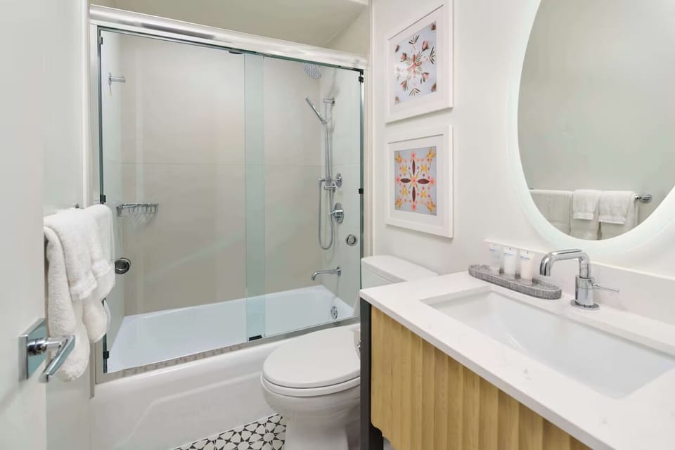 Soak or shower comfortably with plenty of fresh towel space.