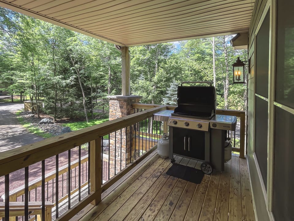 Outdoor Weber Genesis barbeque grille on raised deck