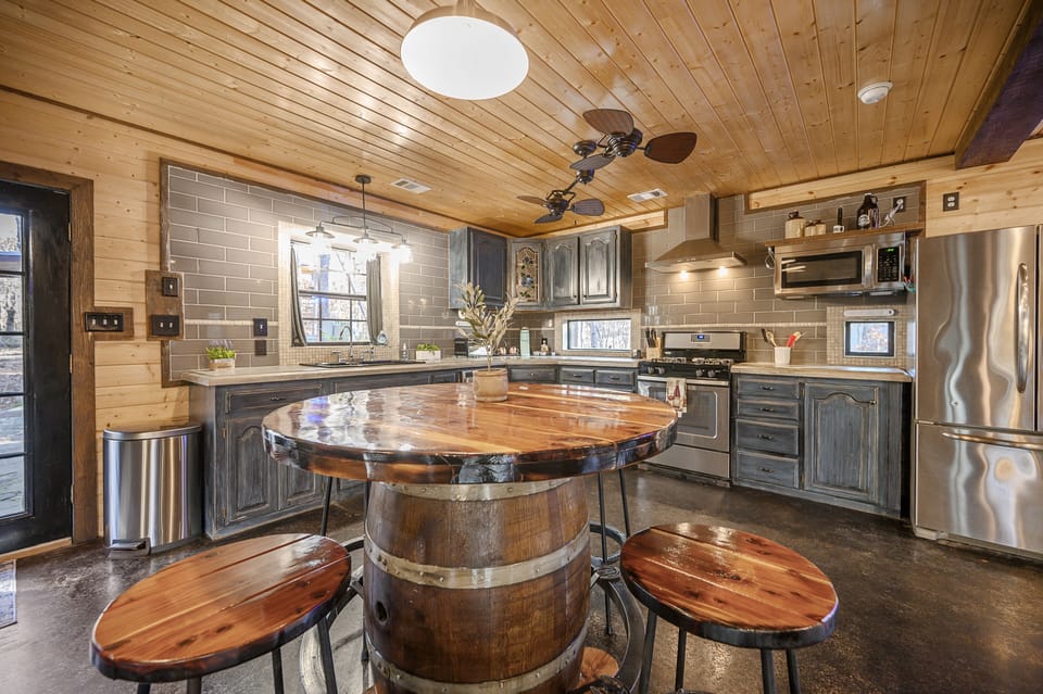 A kitchen that has all the comforts of home but with a quirky cabin feel