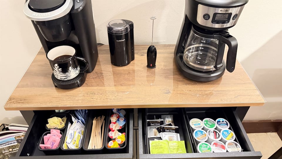 Coffee bar and amenities so you don't have to venture to a coffee shop for your morning cup.  Just brew and enjoy!