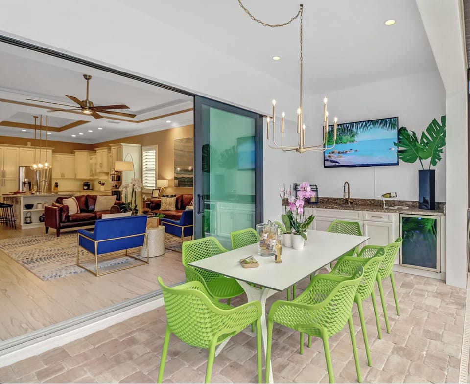 Outdoor kitchen with beverage fridge
