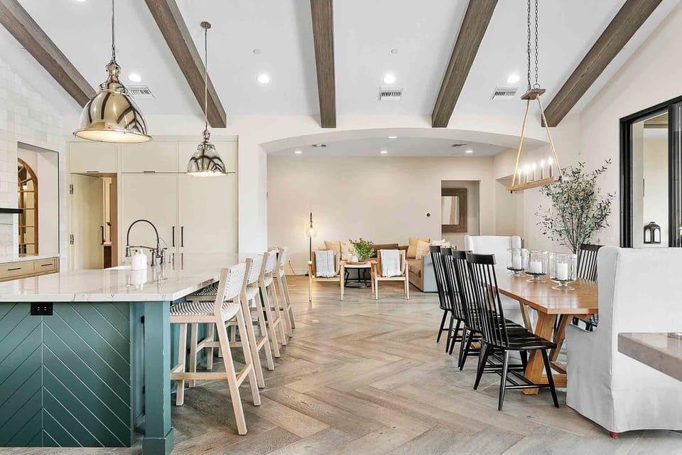Barstools and dining table with seating for 10