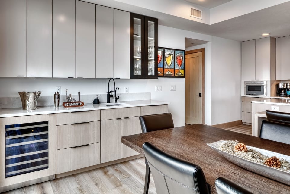 Bar area includes a Thermador undercounted wine refrigerator.