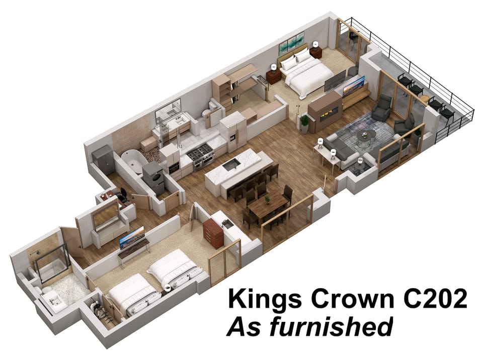 Artist rendering of our actual condo with the exact furniture, as placed.