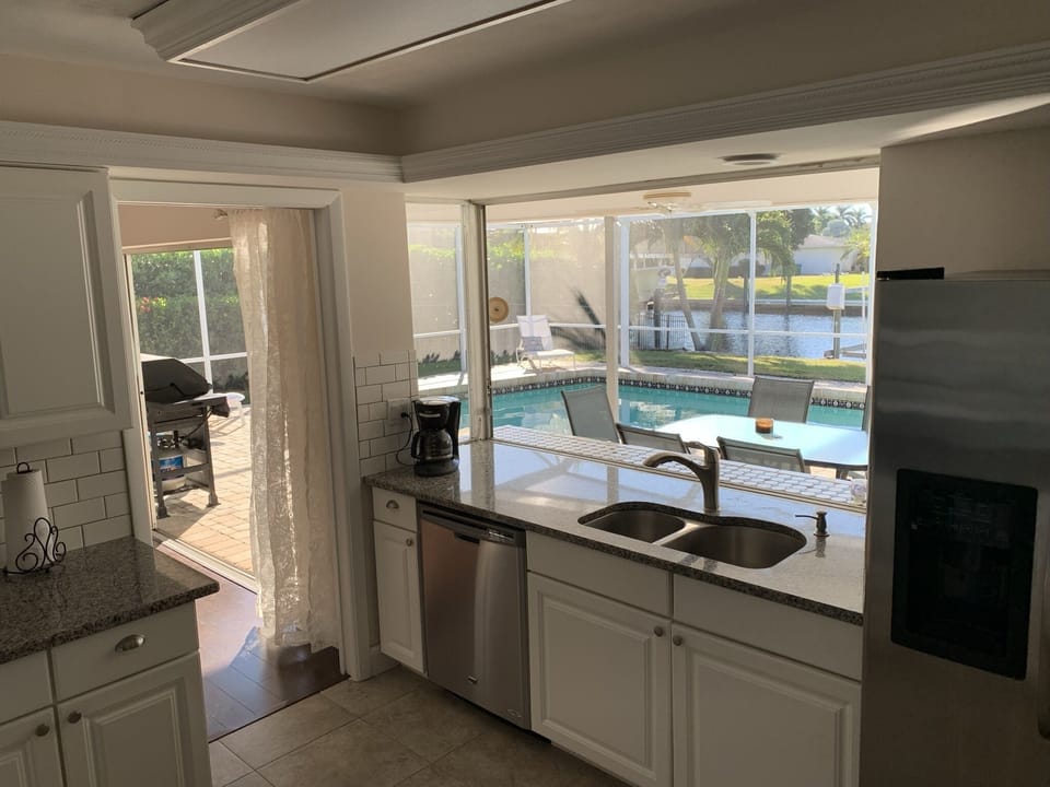 kitchen overlooking pool area