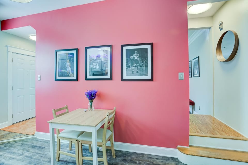 Funky accent wall in the kitchen with custom art honoring Memphis legends 