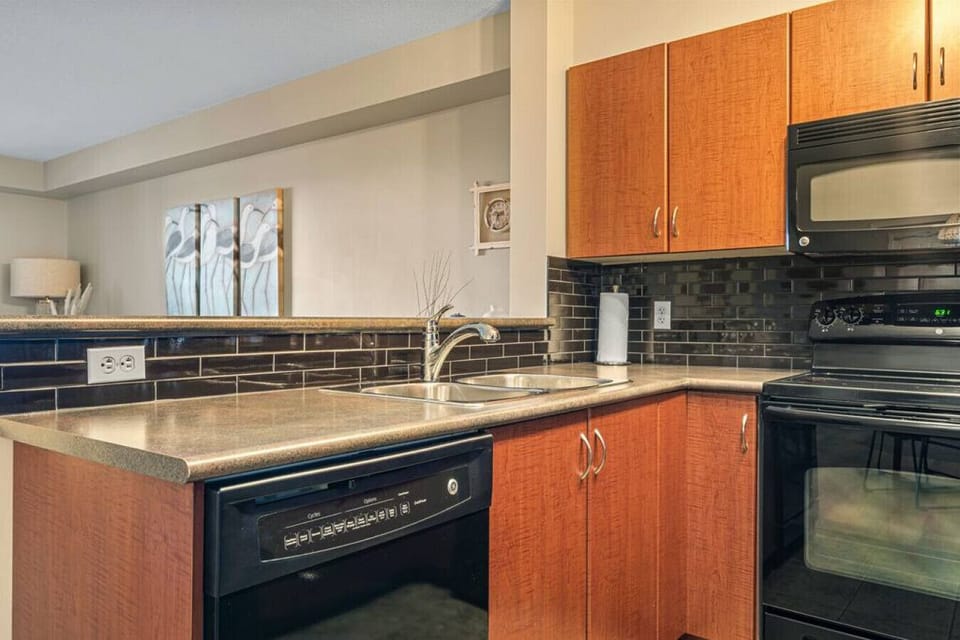 Full kitchen with a drip coffee machine, ground coffee, tea, sugar and basic condiments (ketchup, mustard and relish.)