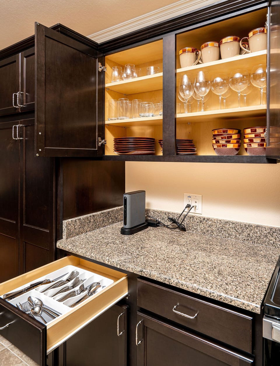 Quality dishes, glasses, wine glasses, silverware, cookware, bakeware, utensils
