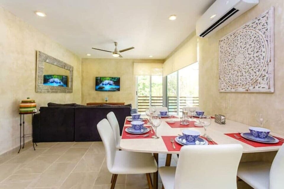 Luminous open living and dining areas.