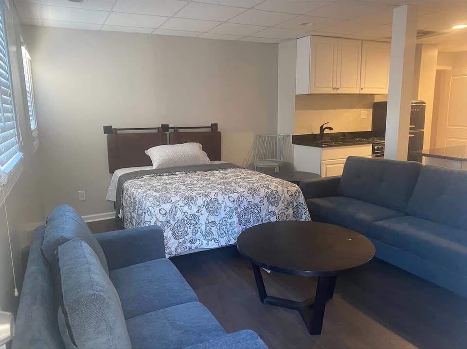 Queen bed in living room