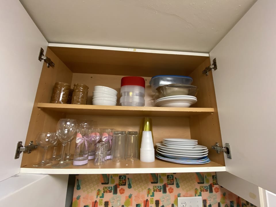 Plenty of glassware / dinnerware choices.  Plastic containers to store leftovers