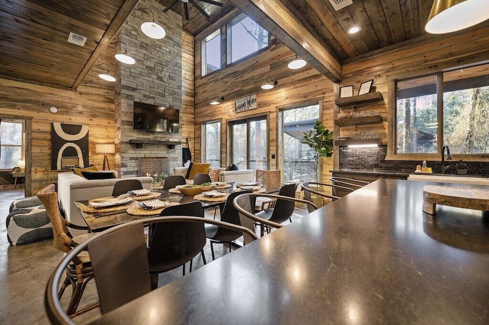 Open concept kitchen, living and dining room.