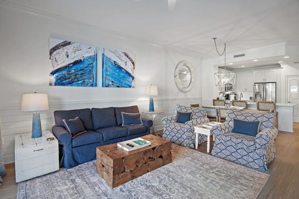 Adagio E103 seating for the whole family - Combining comfort with class, relax after a day at the beach and the pools in Adagio E103's updated living area with large screen Smart TV.