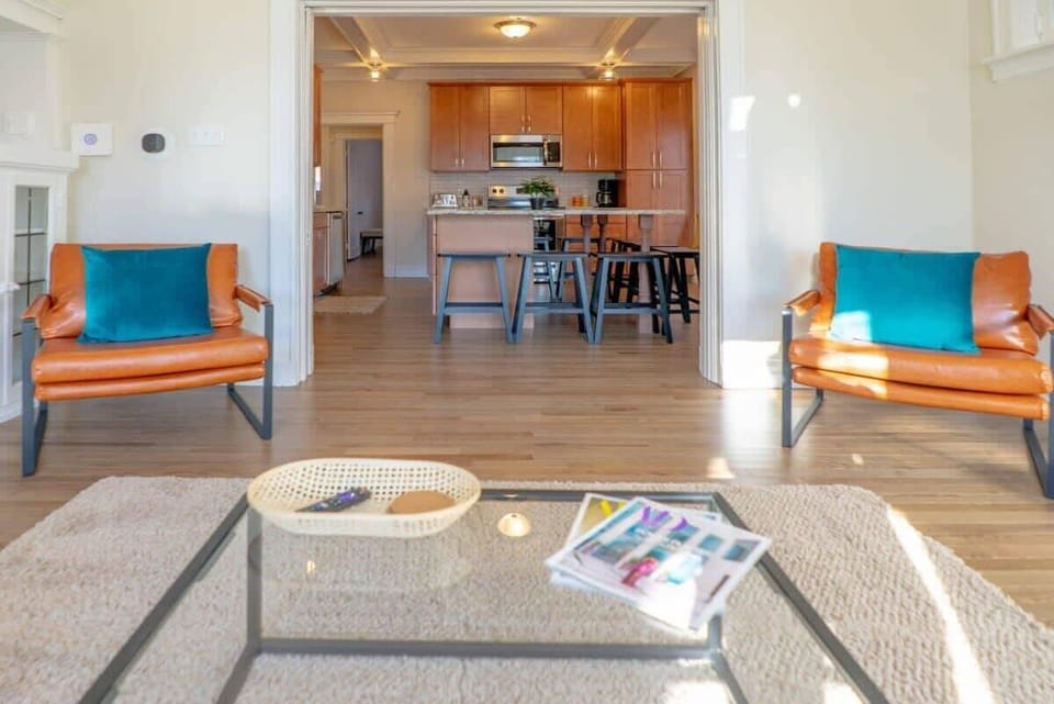 The living room flows into the dining room and kitchen