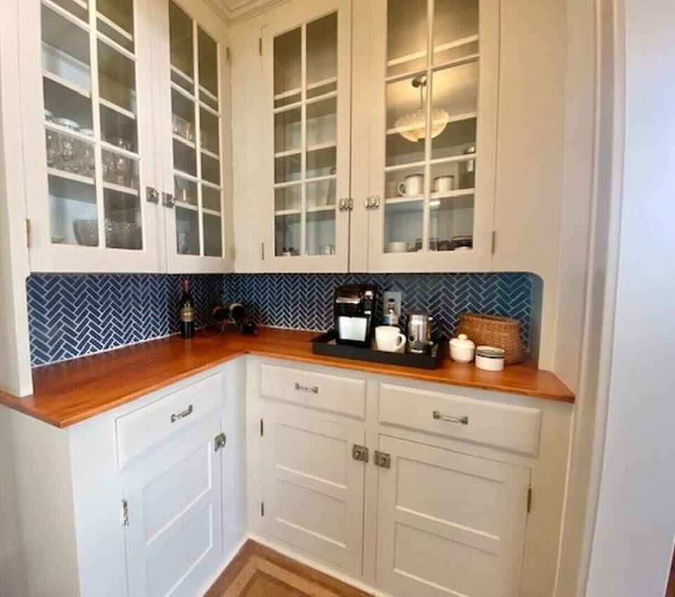 Charming Butler's Pantry acts as Coffee Station  and Wine Bar 