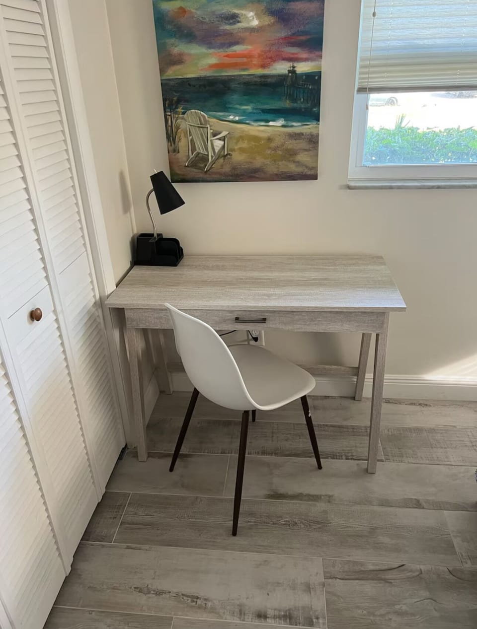 Office desk and chair in guest bedroom.