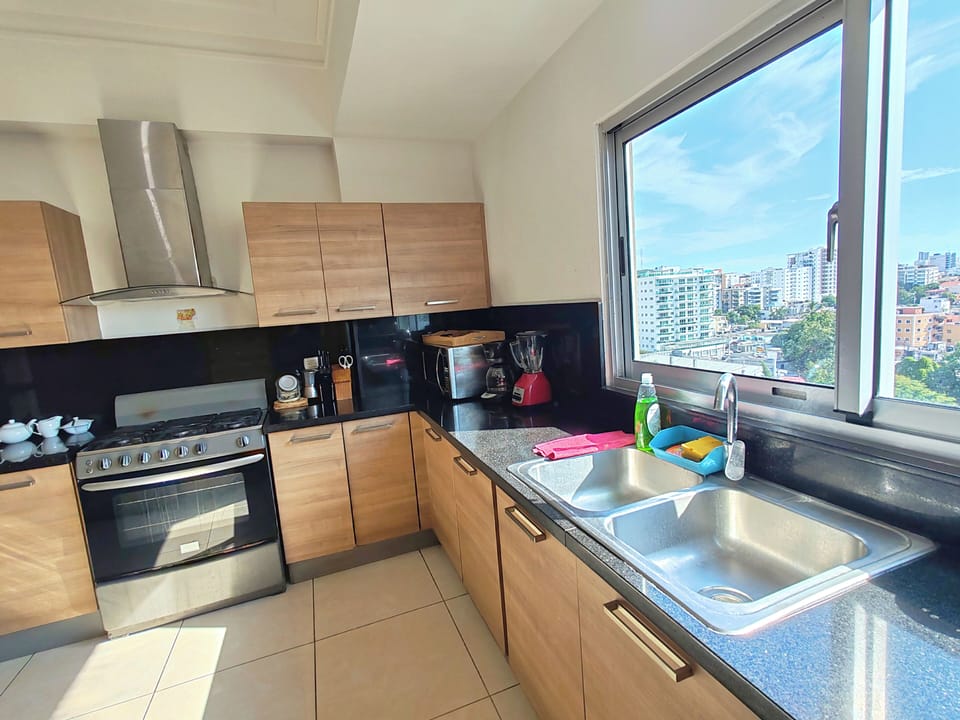 Open concept fully equipped kitchen on 1st lvl with city skyline view.