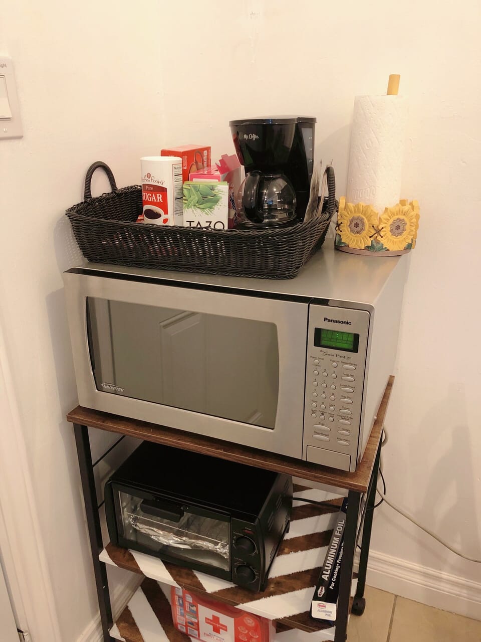 Coffee, tea, first aid, oven, microwave, hot chocolate, instant coffee, sugar. 