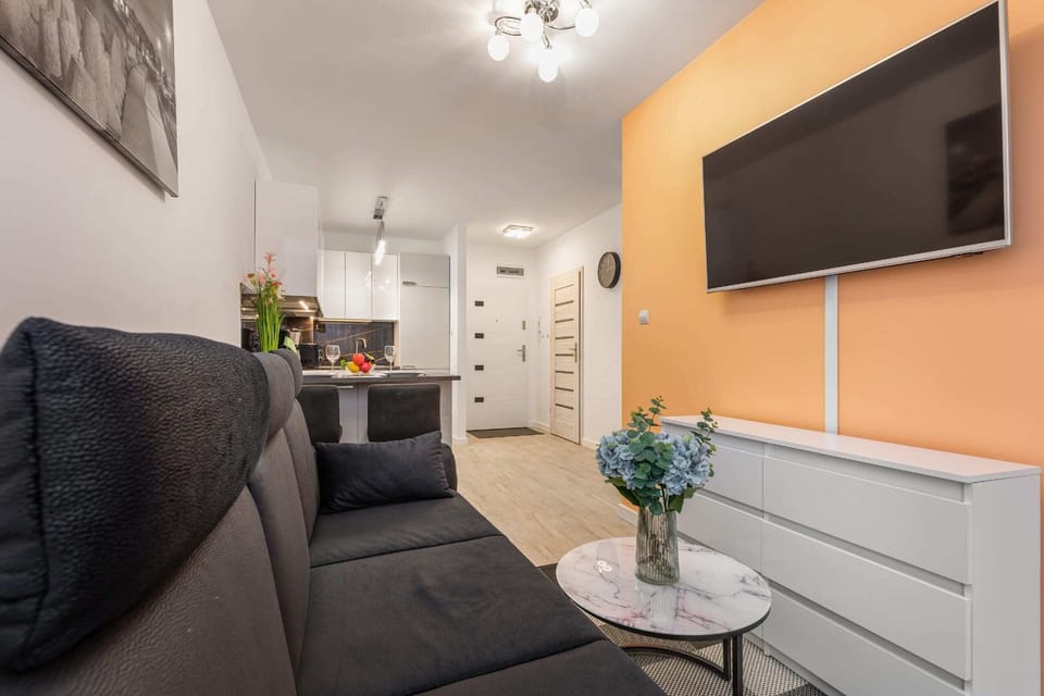 A compact living room with a wall-mounted TV, a comfortable sofa, and a bright orange accent wall.
