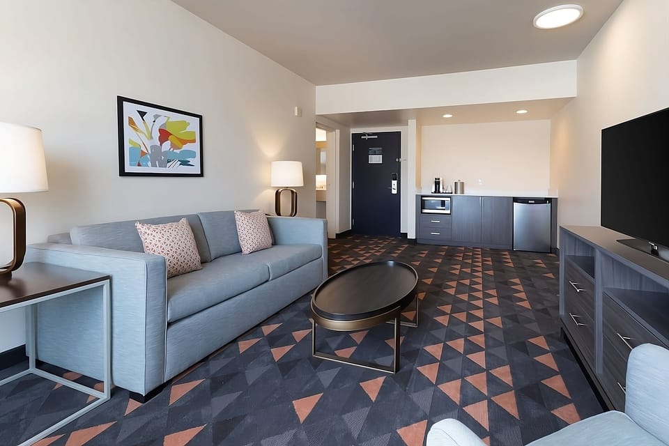 This unit comes with a flat screen TV, microwave, mini-refrigerator and a sofa