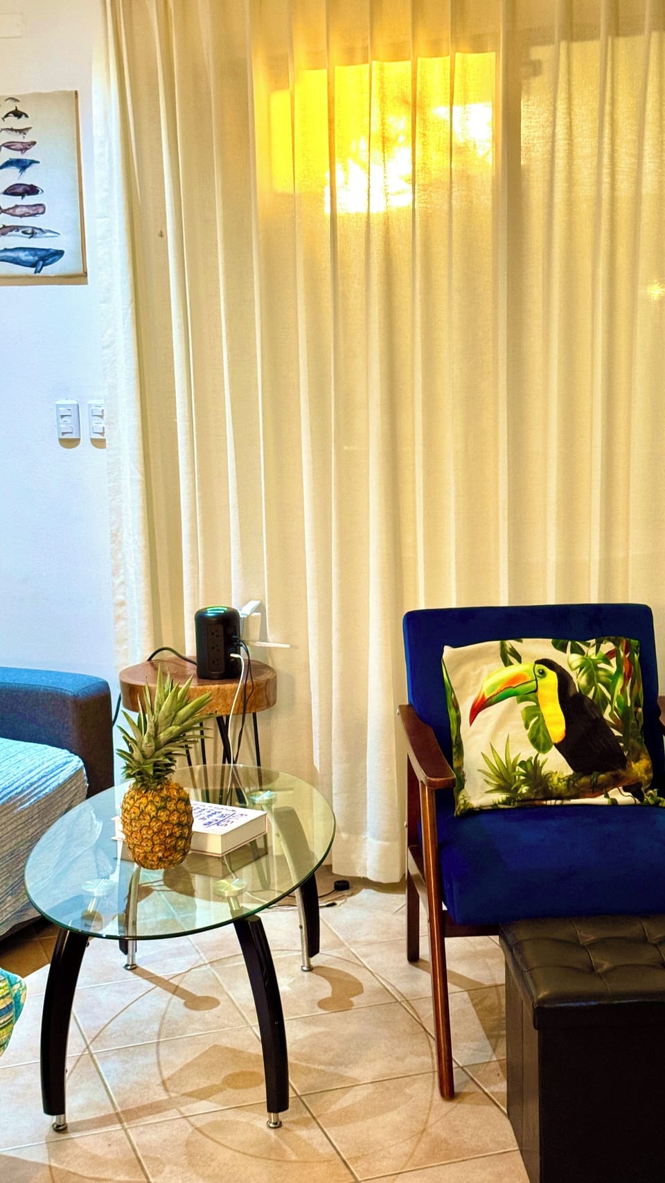 Living room featuring the new side table and armchair.