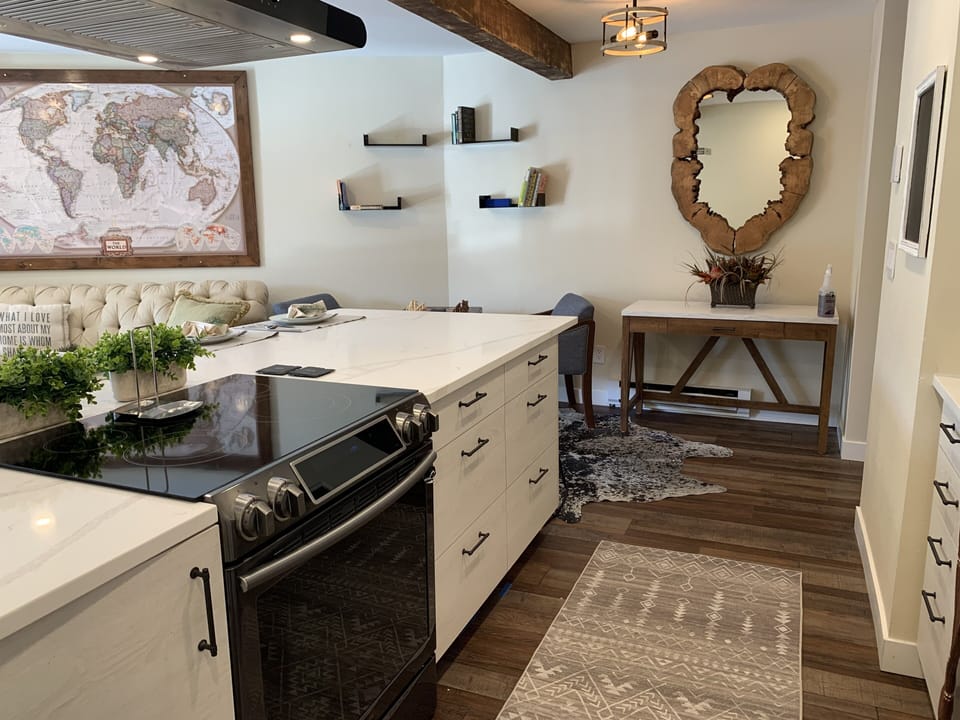 Cabinets offer easy access pullout drawers. Office/Work desk