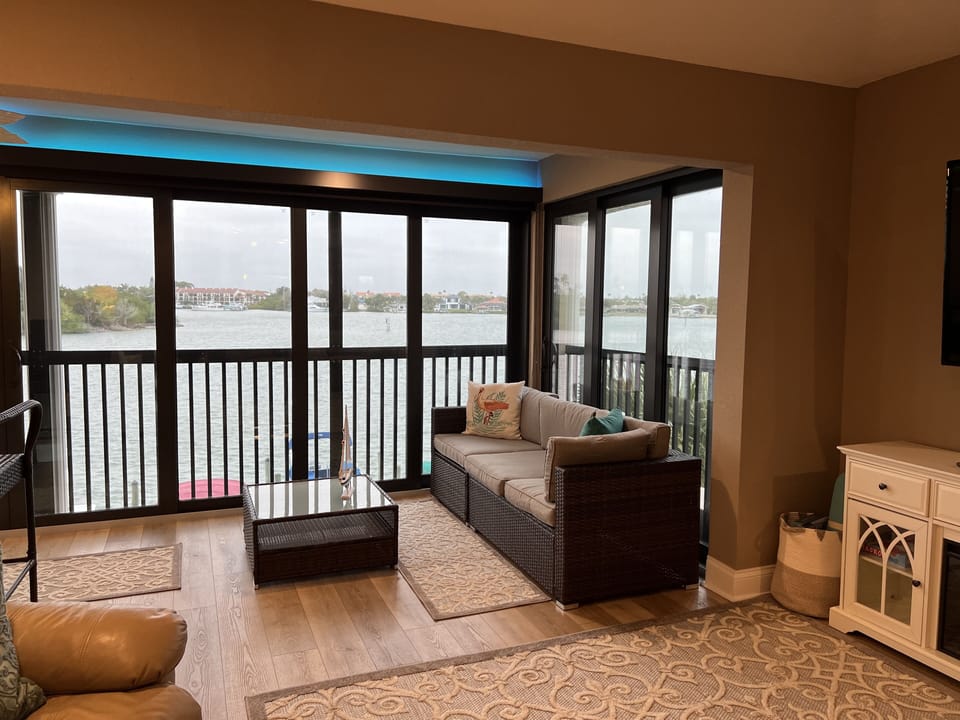 Beautiful view of the Indian river from the lanai. See colored LED lights above!