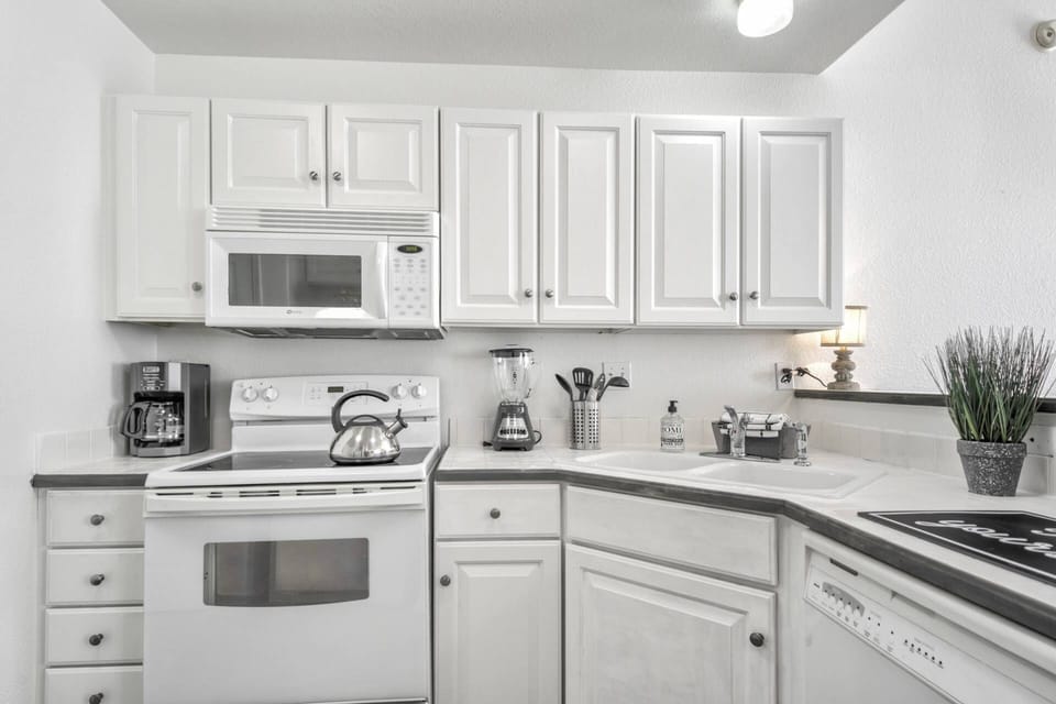 You'll find the basic necessities including Coffee Maker, Range, Microwave, Blender and Dishwasher.