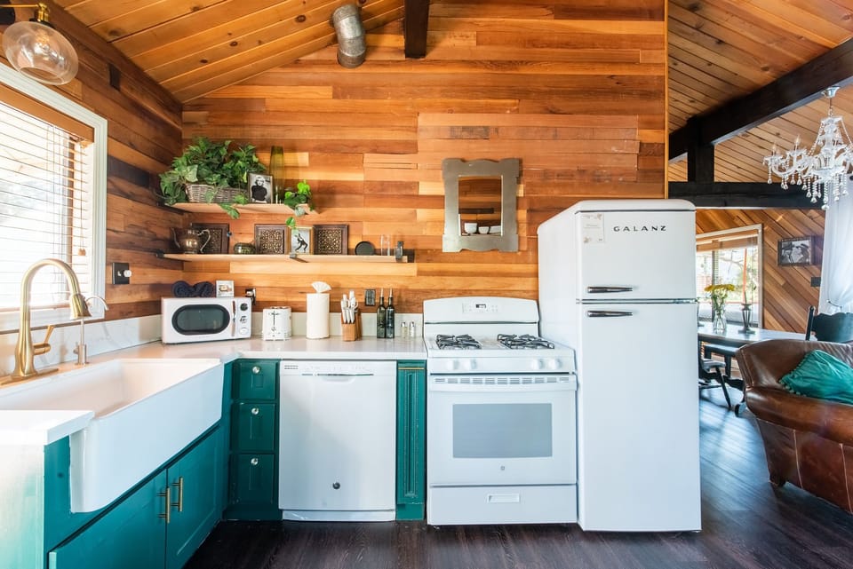 Love this retro fridge, microwave, and toaster for a great vintage touch!