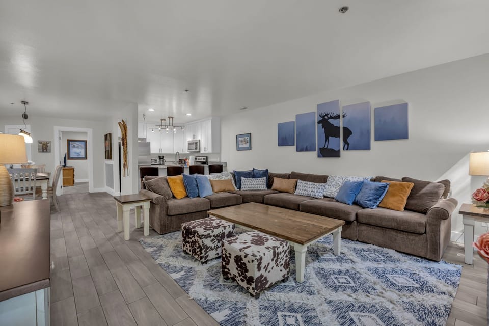 Living Room: Fireplace, smart TV, sectional seating