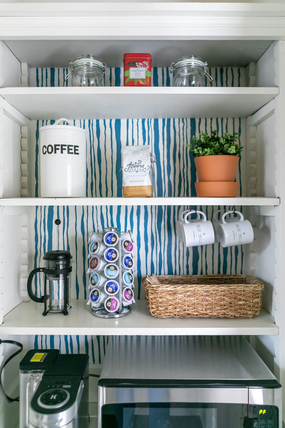 Coffee station- French press, k cup or drip brew.  Cream & sugar provided