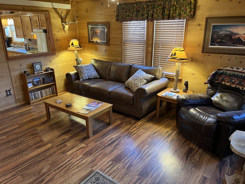 Living room with large TV, DVD with locally filmed movies.