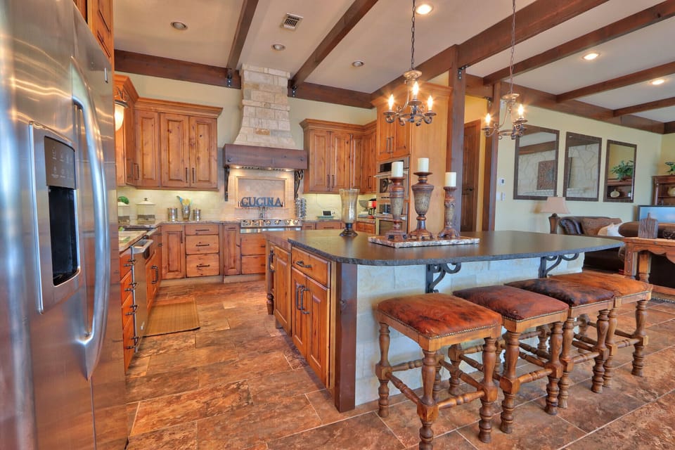 View from dining area looking into kitchen.