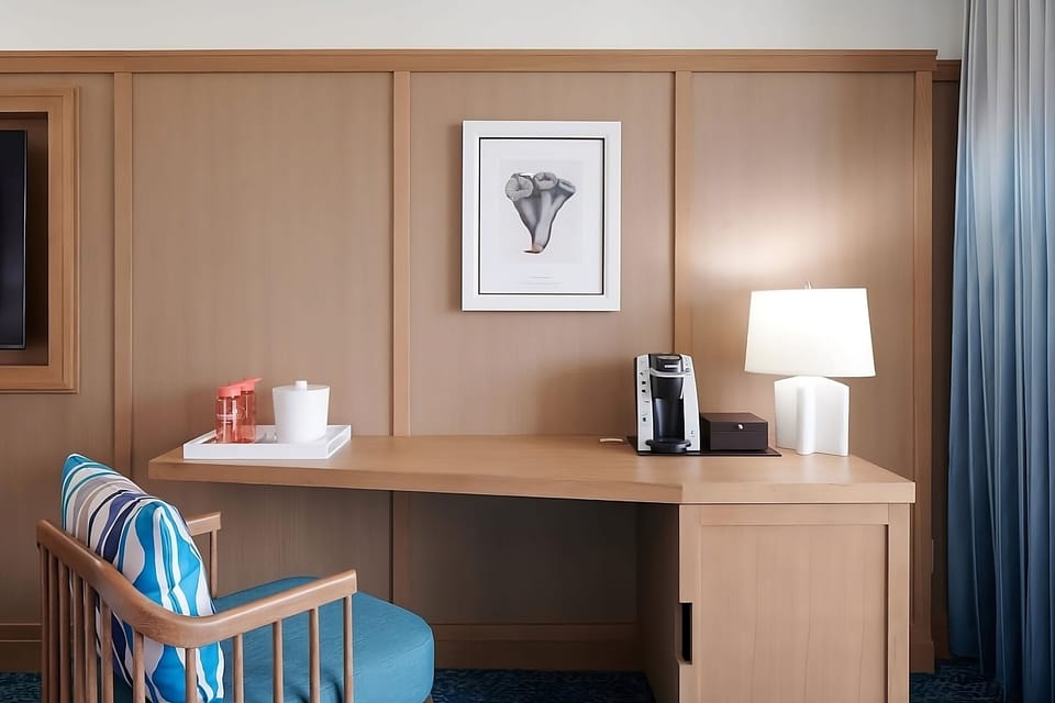 Settle in and get productive at the warm, built-in desk.