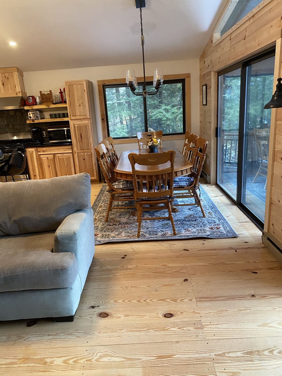 Open floor plan showing living room into kitchen and dining area