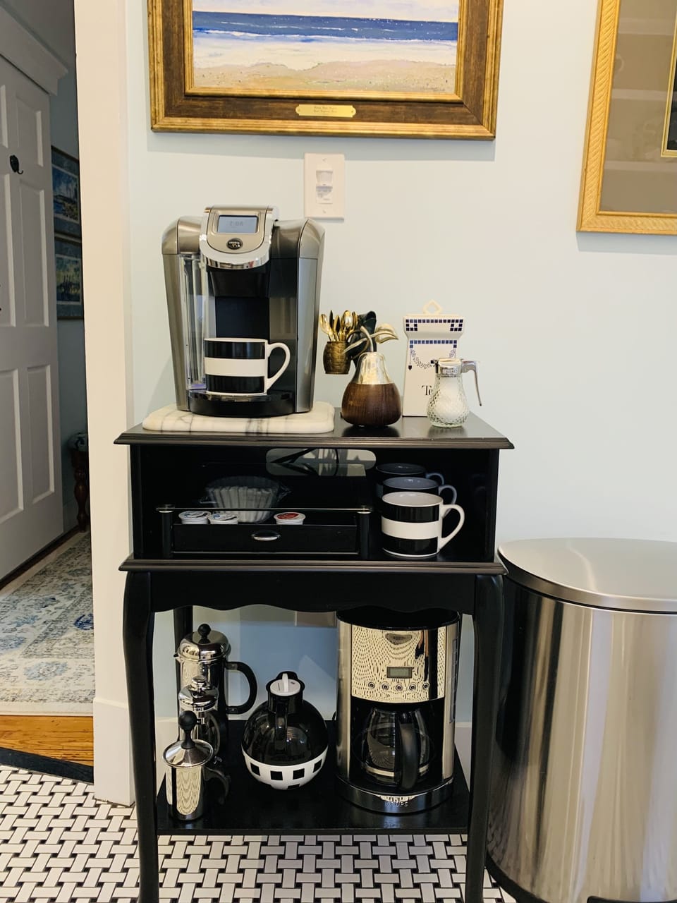 Keurig & regular drip coffee maker, french press, & milk frother.