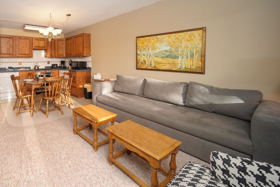 Relax in your open-concept suite where the cozy living area flows into a full kitchen, perfect for unwinding after adventures.