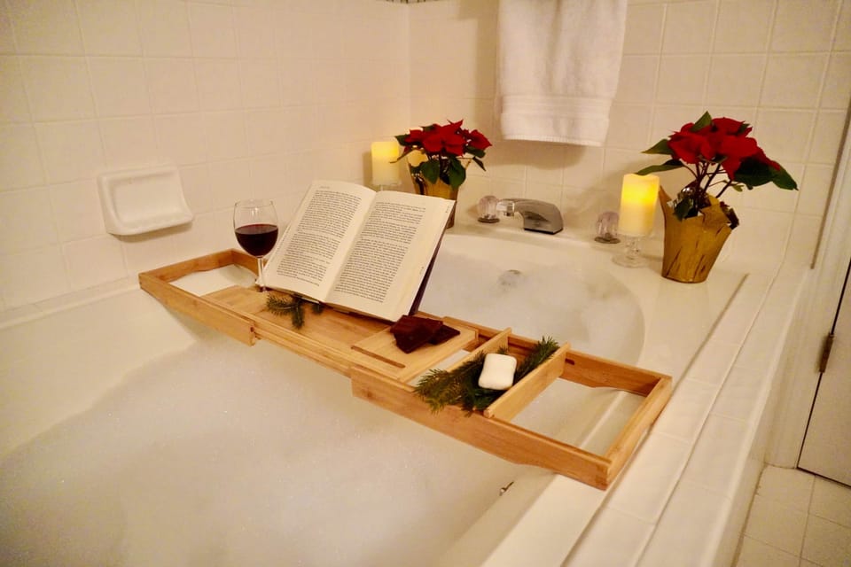 Relax in the jetted tub with bamboo caddy to hold your favorite beverage and a book.