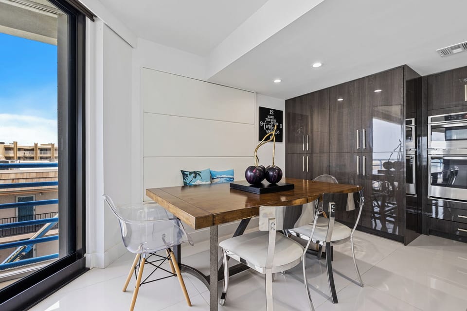 The dining room table has room for six.
