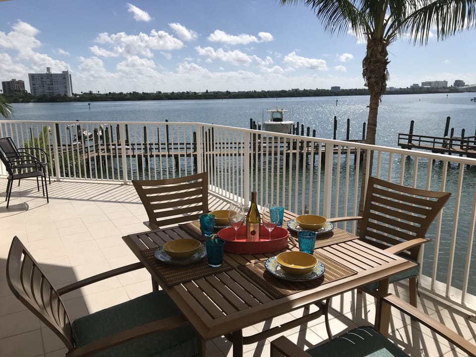 Large balcony with dining area