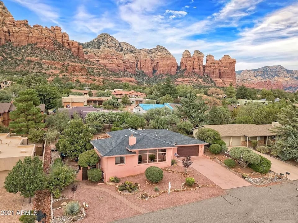 Aerial view of home showing views