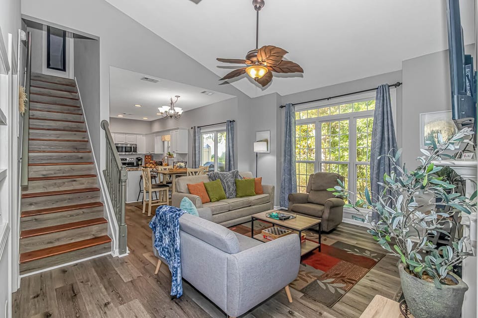 Family room. Queen sleeper sofa, love seat and chair. 