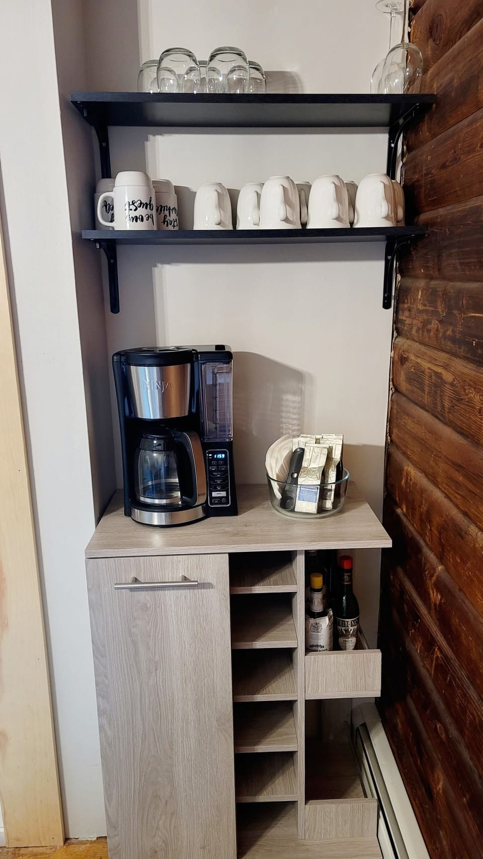Bar cart with all you need for coffee in the AM or a libation in the PM.
